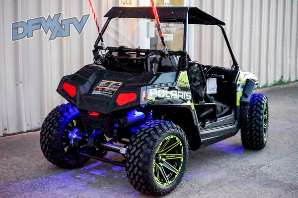 Polaris RZR 170 - Lime Wheels with Rock lights and Whips