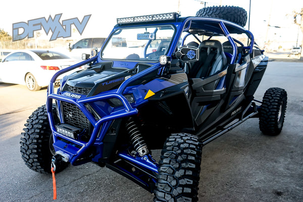 Polaris RZR Turbo S 4 - Blue Cage and Bumpers with Tire Mount and Windshield