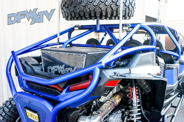 Polaris RZR Turbo S 4 - Blue Cage and Bumpers with Tire Mount and Windshield